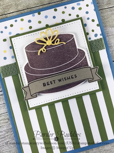 Border Buddy handstamped birthday card using the Cake Soiree stamp set by Stampin Up chocolate cake