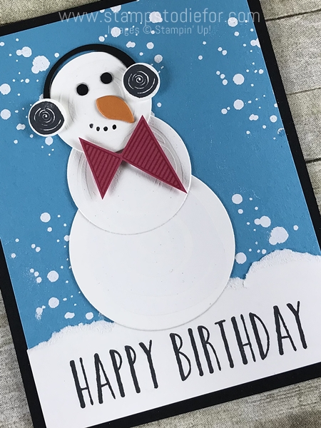 Hand stamped snowman birthday card using swirly bird stamp set by stamping up 2