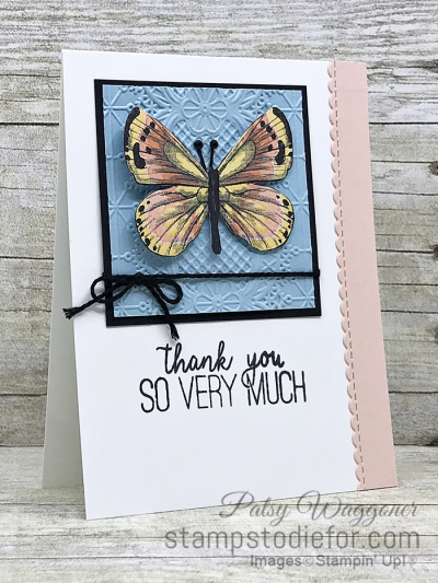 Card created using Sunday Sketch SS020 and the Lace Embossing Folder and the Botanical Butterfly Paper