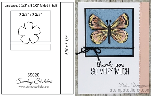 Card created using Sunday Sketch SS020 and the Lace Embossing Folder and the Botanical Butterfly Paper horz