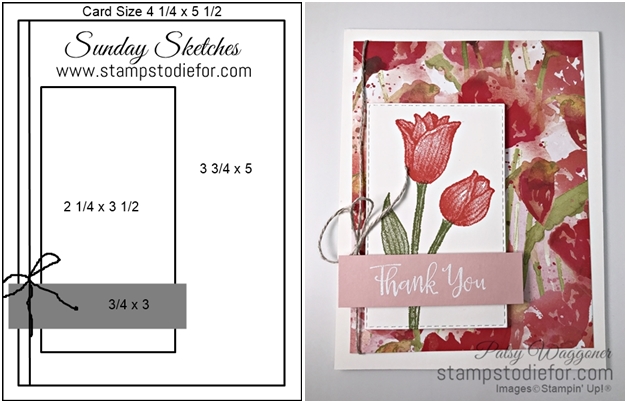 Sunday Card Sketch Timeless Tulip stamp set by Stampin Up and Peaceful Poppies paper Thank you card horz