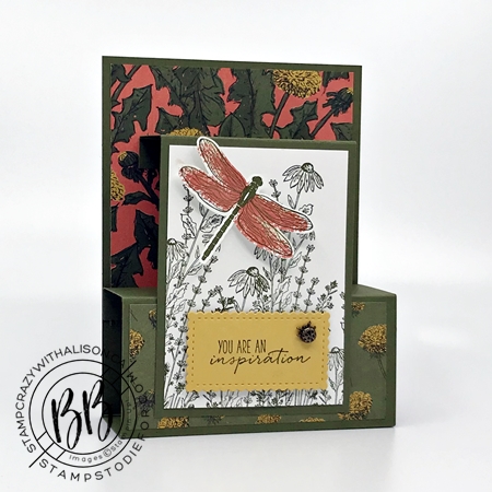 Fun fold card created with Dragon Fly Garden Stamp Set by Stampin Up Calypso Coral
