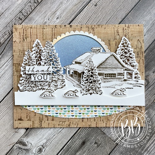 Peaceful cabin in the woods card using the stamp set and Cabin Dies along with the glimmer and cork paper