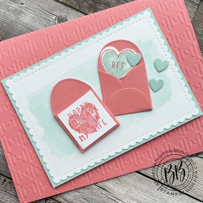Card stamped with Sweet Conversations Stamp Set and Sweet Hearts Dies by Stampin Up in the Jan-June 2022 Mini Catalog - slant