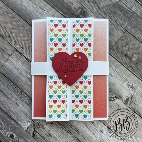 Love what you do card created using the Pattern Party Host Paper, Heart Punch and ombre glimmer paper by Stampin’ Up!