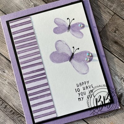 Sweet Conversations Butterflies Card and Sweet Talk Designer Series Paper by Stampin’ Up! Create butterfly with heart stamps