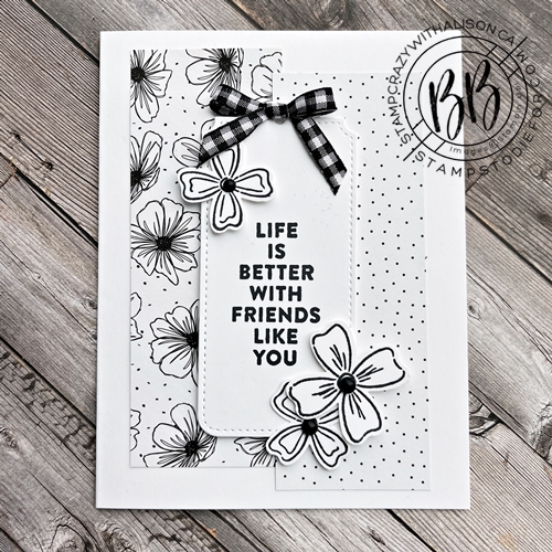 black and white card using Flower of Friendship Stamp Set and Flower and Leaves Punch by Stampin' Up!