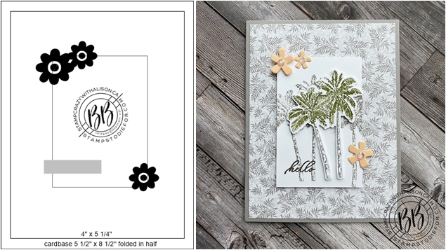 Card sketch and hand stamped card using the Timeless Tropical Stamp Set and Bloom Where You Are Planted DSP by Stampin Up
